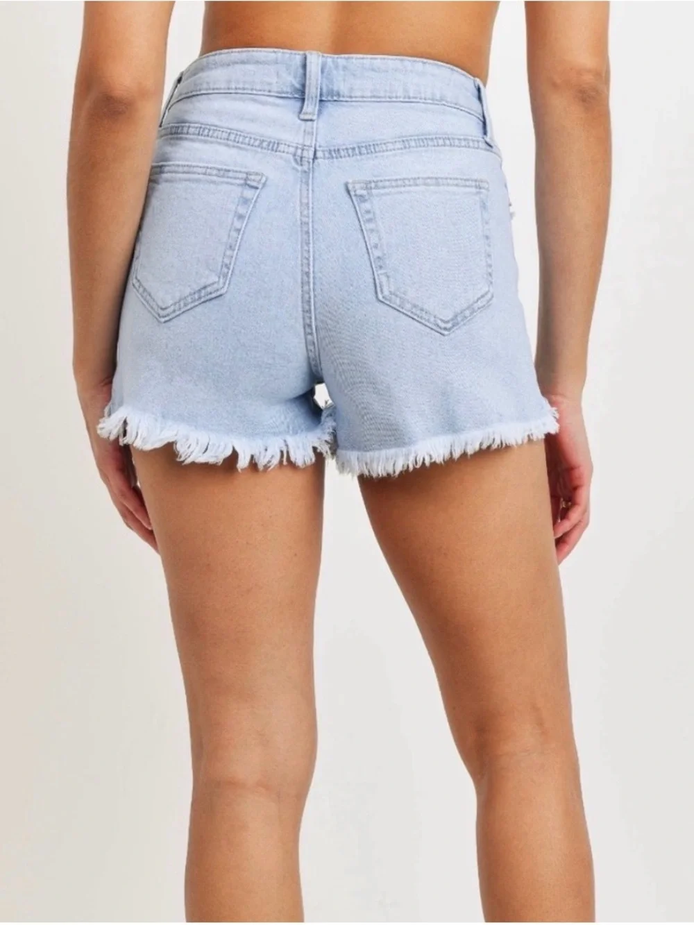 Just USA High Rise Distressed Hi-Lo Denim Shorts Light Blue - Picture 2 of 9